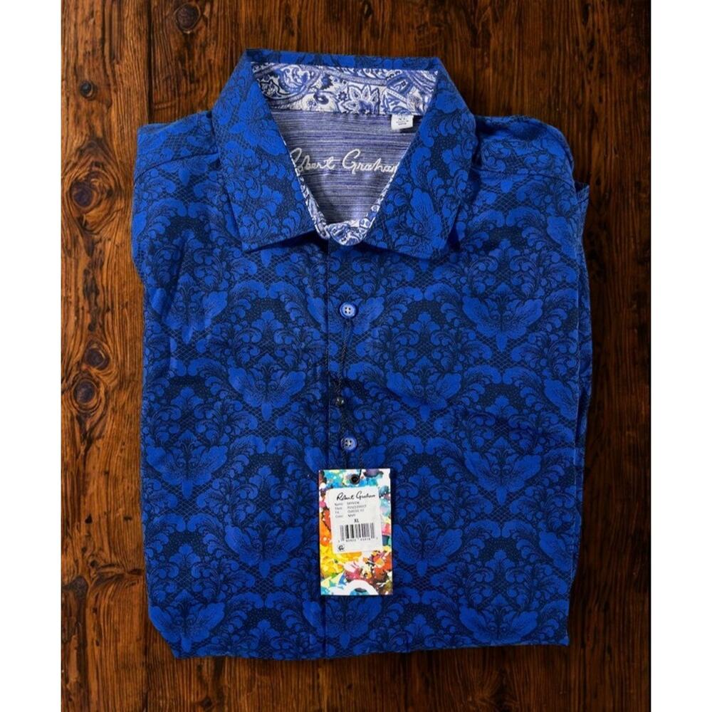 Robert Graham Bayview XL NWT Navy Floral Damask Short Sleeve Button Up Shirt